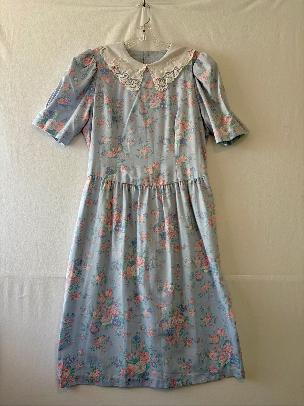 Pastel Blue Floral Midi Dress with Lace Collar
